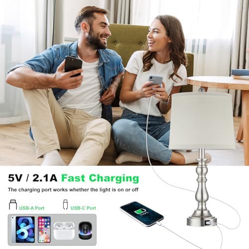 23'' Table Lamps Set of 2, Silver Lamps for Bedroom, USB C+A Ports