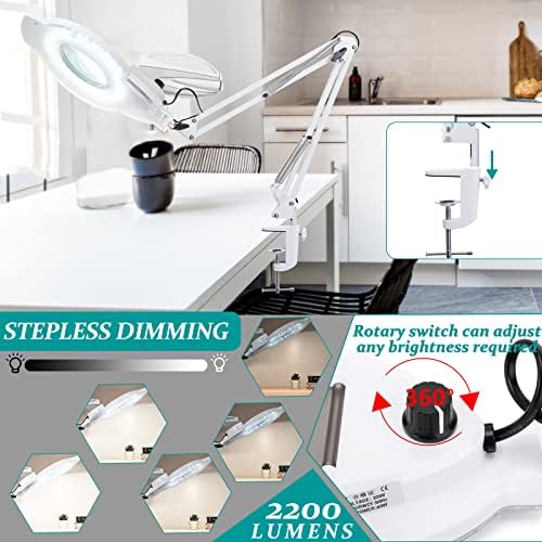 10X & 2200 Lumens Magnifying Glass with Light and Clamp, White