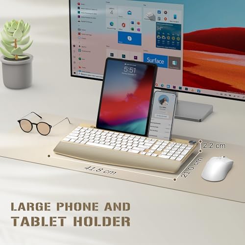 GAMCATZ Ergonomic Wireless Keyboard with Wrist Rest-Low-Profile,Phone/Tablet Holder,Quiet Design，Windows & Mac OS,Cordless USB Computer Keyboard for Desktop,Laptop, PC, Mac, Windows-Gold White