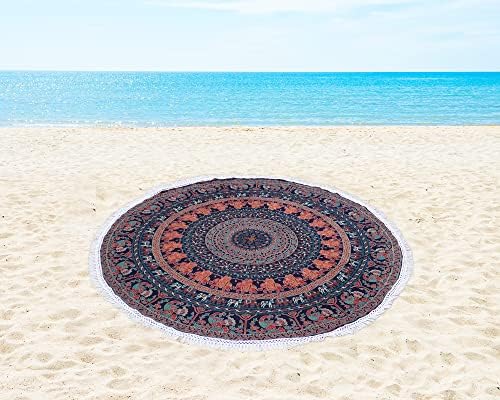 Round Beach Tapestry Turquoise Mandala Throw/Boho Hippie Beach Blanket Roundie/Indian Cotton Bohemian Large Round Table Cloth-Home Decor/Yoga Mat Meditation Picnic Rug (42", Brown)