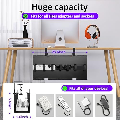 Under Desk Cable Management Tray - Under Desk Cord Management - Clamp/Screw Mount - Fabric Wire Management - Cable Raceways Tray Cord Hiders for Office/Home (Black, 28.6×5.6")