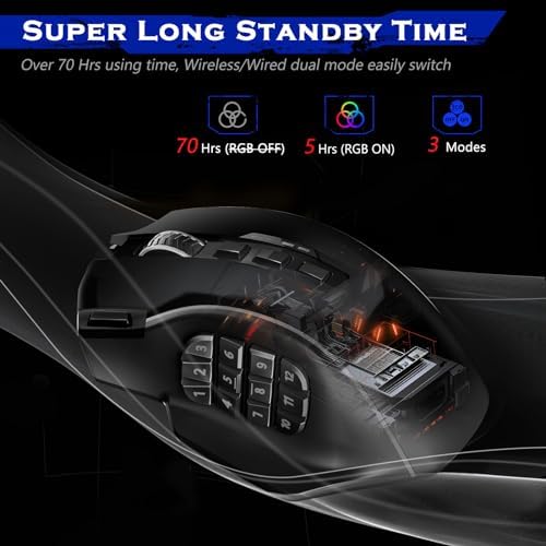 Redragon Wireless Gaming Mouse, MMO Gaming Mouse UP 16,000 DPI, 16 Macro Programmable Buttons, RGB Rechargeable with 12 Side Buttons, 70Hrs for PC Laptop MOBA FPS, M901P-KS
