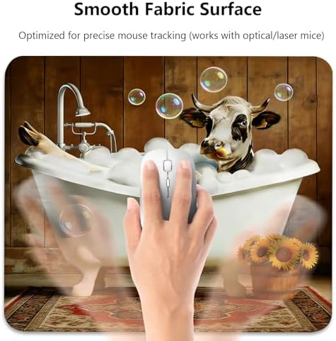 Funny Cow in Bathtub Mouse Pad, Animal with Sunflowers & Bubbles Desk Mat