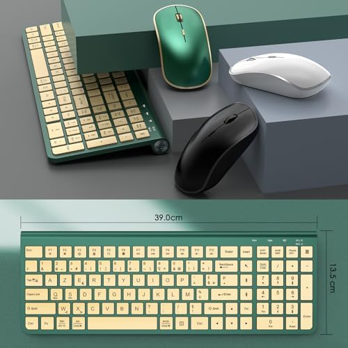 JOYACCESS Wireless Keyboard and Mouse Combo,2.4G Ergonomic Typewriter Keyboard with Type-C Receiver and Adjustable Tilt for Computer, Windows,Desktop, PC, Laptop-Cangling Green