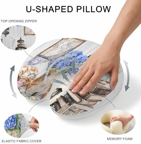 Neck Pillow Vintage Lighthouse Anchor Flower Washable Memory Foam Pillow for Airplane Office Car Sleeping, Shell Starfish on Desk Travel Pillows U Shaped Stretch Neck Support Pillows