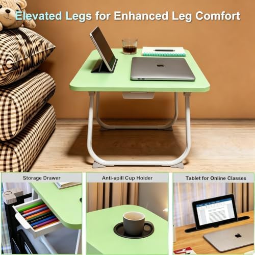 27.6" Home Office Folding Lap Desk with Drawer, Tablet Slot, Cup Holder - Fits up to 18 Inch Laptops, Bed Desk for Reading, Writing, Eating, Portable Laptop Table for Sofa, Coach, Floor (Green)