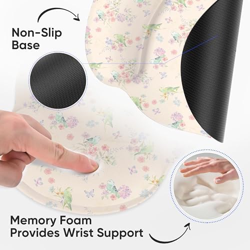 RICHEN Ergonomic Mouse Pad with Wrist Support,Non-Slip Rubber Base for Computer Laptop & Mac,Lightweight Rest for Home,Office & Travel (Pink Flowers Birds)