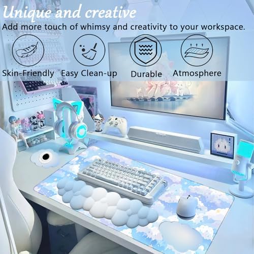Blue Cloud Mouse Pad and Keyboard Wrist Rest 4PCS Extended Large Stars Desk Mat Pad Set Memory Foam Non-Slip Ergonomic Cute Gaming Mouse Pad Wrist Support for Computer Laptop Home Office
