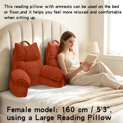 Reading Pillow for Bed with Arms, Back Support, Memory Foam（Bright Orange）