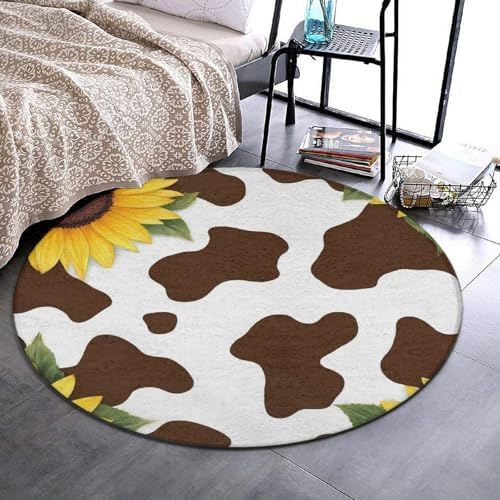 Fashion Round Area Rug Large Non Slip Carpet, Cow and Sunflower Unisex Home Decor Mat