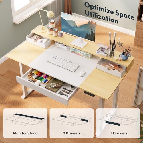 SANODESK Electric Standing Desk with Drawers, 63 x 32 inch Height Adjustable Computer Desk, Home Office Stand Up Desk with 3 Preset Heights, White