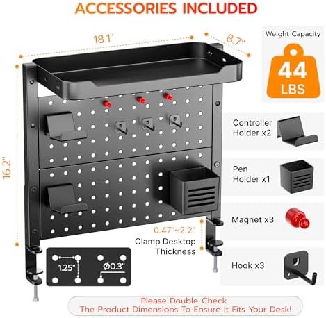ARES WING Desk Clamp On Pegboard with 16 inches Organizer Shelf, Black