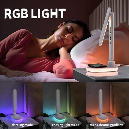 AYI 5IN1 Multifunctional LED Desk Lamp15W Qi Wireless Charger Digital Alarm Clock Ambient Light & Temperature Display Adjustable Eye-Care Table Lamp with Leather Texture Design Table Lamp-U20 White