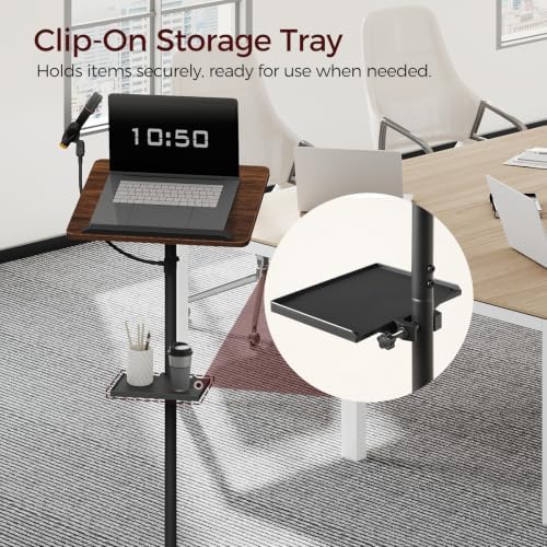 MAHANCRIS Podium Stand with Microphone Stand, Mobile Lectern and Laptop Desk with Storage Tray, 28.9-42.7 Inch Adjustable Height Portable Podium for Classroom, Conference Room, Walnut LPHA4001