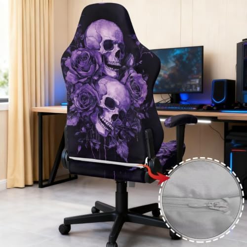 Skull Purple Gaming Chair Cover Stretchable Game Chair Slipcovers with 2 Armrest Covers, Scratch-Proof Gamer Desk Chair Covers for Computer Office Seat
