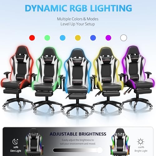 Mr IRONSTONE RGB Gaming Chair with Bluetooth Speakers, Ergonomic Gamer Chair with LED Lights, Vibration Lumbar Support, Footrest and High Back Reclining Design for Adults, Black