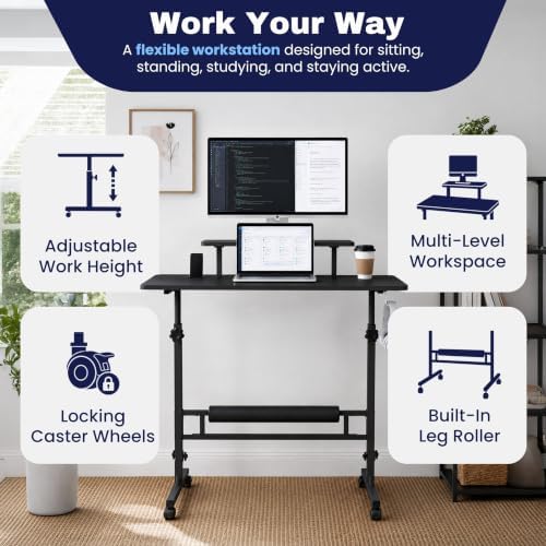 Small Rolling Desk with Wheels, Adjustable Height 27"-43.3" Portable Standing Desk, 31.5"x15.7" Tabletop, Mobile Laptop Computer Table for Home Office Workstation, Black