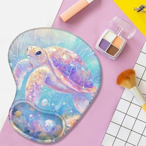 Ergonomic Mouse Pad with Wrist Support, Cute Turtle Pattern Rubber Mousepad with Non-Slip PU Base for Home Office Working Studying, Easy Typing & Pain Relief for Women Girls Adult Kids