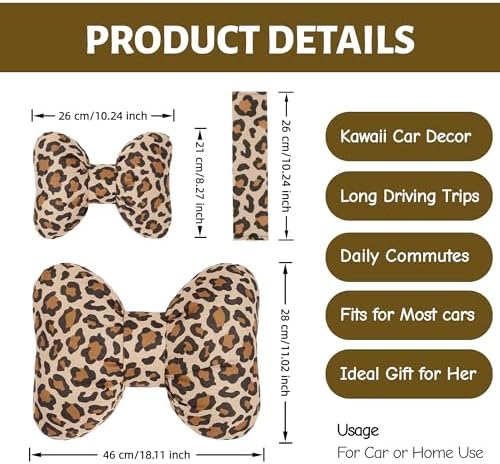 2PCS Chic Car Headrests with Bow-Shaped Cotton Linen Bowknot Neck Pillows for Cozy Road Trip & Cute Interior Decoration (Leopard)