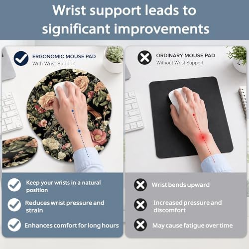 Vintage Rose Peony Floral Keyboard Wrist Rest Pad Ergonomic Mouse Pad Set,Bird 3 in 1 Memory Foam Mouse Pad with Non Slip Base for Office and Home