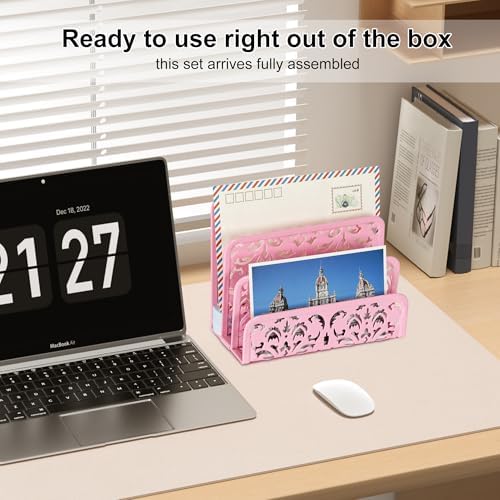 EasyPAG Mail Organizer Countertop 2pc Desk Mail Sorter for Envelope 3-Slot Vertical Letter Holder for Office, Home, School, Pink