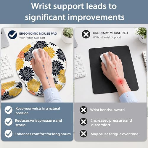 Keyboard Wrist Rest Pad Ergonomic Mouse Pad Set,Vintage Orange Black Dehlia Flowers 3 in 1 Memory Foam Mouse Pad with Non Slip Base for Office and Home