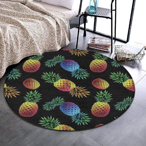Large Home Decor Mat, Soft Round Yoga Carpet, Non Slip Machine Washable Home Office Circle Rug Pineapple Colorful, 24inch