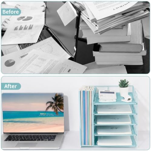 LEKETREE Desk Organizers and Accessories, 5-Tier Paper Letter Tray Organizer with File Holder, Desktop Organizer for Office Supplies (Blue)