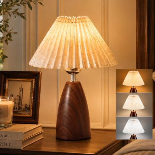 Warm & Cozy Bedside Table Lamp with 3-Color LED Bulb Included, Linen Shade Nightstand Lamp with Wood Grain Metal Base, Soft Eye-Caring Lighting for Bedroom Reading, Living Room, Dorm & Office