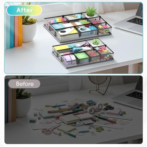 SUPEASY 2 Pack Desk Drawer Organizer with Adjustable Dividers, Black