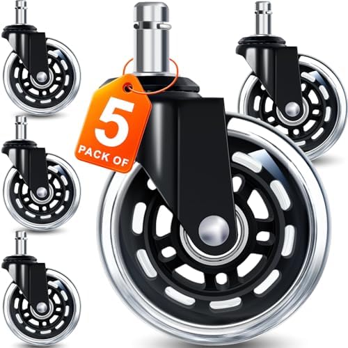 Office Chair Wheels for Casters Replacement - 3" Rubber Wheels for Computer Gaming Desk Caster Smooth & Safe Rolling for All Floors Including Hardwood and Carpet - Set of 5 - Modern