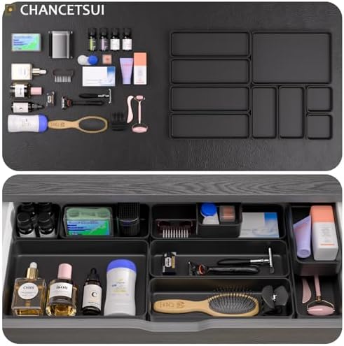 Black Bathroom Drawer Organizer Trays: 9 PC Stackable Desk Organizers Bin