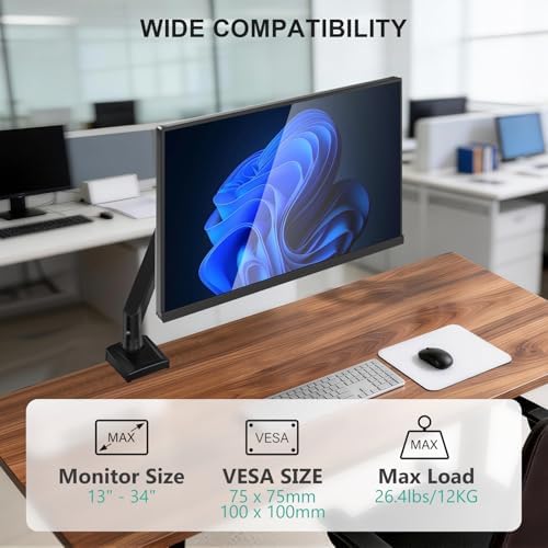 WALI Adjustable Single Monitor Arm for 13-34 inch Screens, up to 26.4 lbs