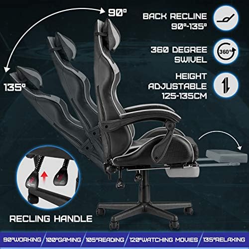Huracan Gaming Chair with Footrest, Ergonomic Computer Chair Lumbar Support, Adjustable High Back Recliner for Adults, Racing Style Video Gaming Chairs, for Home Office Streaming, Grey