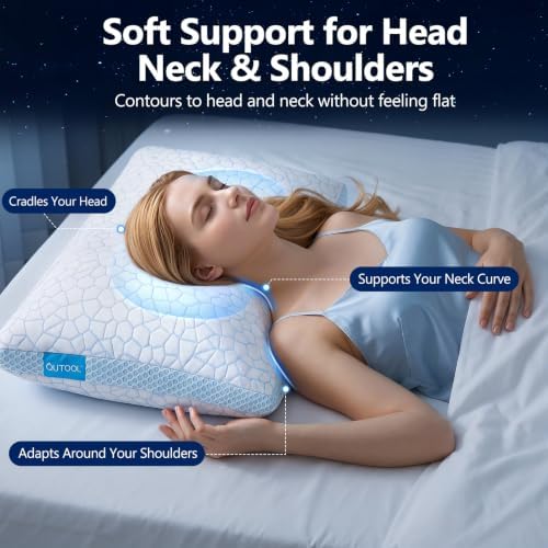 QUTOOL Enhanced Cooling Pillows for Sleeping, CertiPUR-US Shredded Memory Foam Pillows Standard Size Set of 2 for Hot Sleeper, Adjustable Pillow for Side, Back, Stomach Sleepers Support Yet Soft, Blue