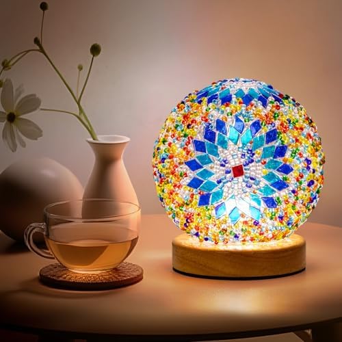Turkish Mosaic Lamp, 3 Color Temperature Tiffany Bedside Lamp with USB Power, Moroccan Glass Lantern Table Lamp for Living Room Decor, Simple Control (D:4.7" x H:5.2") (Blue1)