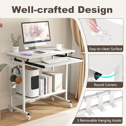 Rolling Desk with Keyboard Tray, Small Computer Desk with Wheels (White)