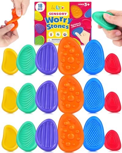 Fidget Toys Sensory Stone for Kids: 18 Pack Bulk Textured Worry Stone for Autism Calming - Quiet Fidgets for Classroom Students Prizes - Small Goodie Bags for Back to School Supplies Gifts