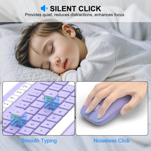 Wireless Keyboard and Mouse Combo, Full Size Silent Ergonomic Keyboard and Mouse, Long Battery Life, Optical Mouse, 2.4G Lag-Free Cordless Mice Keyboard for Computer, Mac, Laptop, PC, Windows(Purple)
