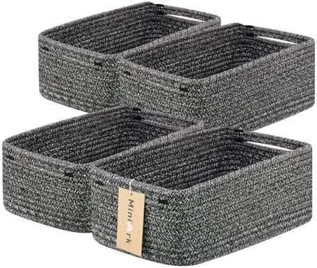 MiniArk Small Storage Baskets for Organizing | Closet Organizer Bins | Shelf Toy Basket | Woven Rope Baskets | Cube Decorative Box | Shallow Basket | 13x8.5x5.1” | 4 Packs Dark Gray