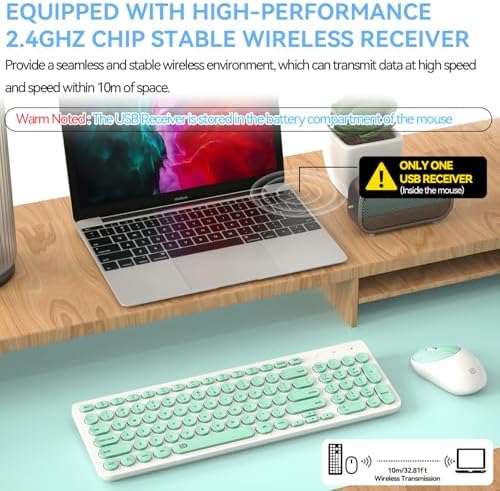 FD Wireless Keyboard and Mouse Combo - 2.4GHz USB Cordless, Cute Round Keys, Quiet and Slim Set for Laptop, Computer, TV, and Mac - Mint Green & White