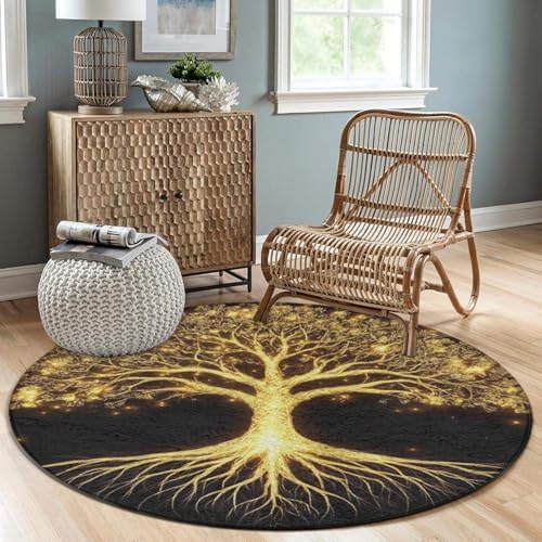 Soft Round Yoga Carpet, Office Chair Decor Round Mat for Carpet and Hardwood Floors Gold Black Tree Life Celtic Art