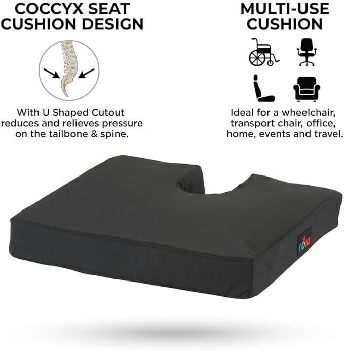 NOVA U-Cut Coccyx Wheelchair Cushion 18" x 16" – Orthopedic Foam Seat Pad for Tailbone Pressure Relief & Spine Support – Secure Non-Slip Bottom with Velcro Straps – Removable Washable Cover