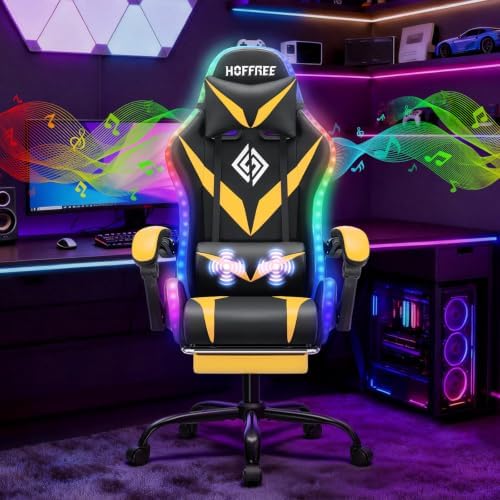 HOFFREE LED Gaming Chair with Speakers RGB Lights Computer Chairs-Yellow