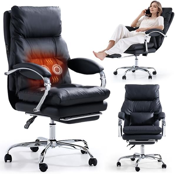 LEAGOO Office Chair with Foot Rest, Ergonomic Executive Office Chair with Arms, Reclining High Back PU Leather Comfy Swivel Computer Desk Chairs with Wheels (Inky‌)