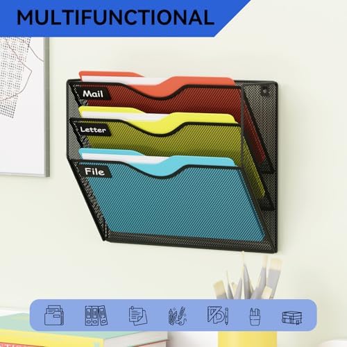 3 Pockets Hanging Wall File Organizer Mail Holder, Wall Mounted Paper Document Folder Holder, Clipboard Storage Organization Magazine Rack, Black