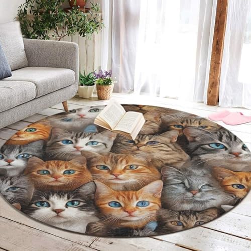 Home Decor Non Slip Kitchen Office Circle Rug, Machine Washable Modern Round Area Rug, Room Sofa Yoga Soft Round Carpet Cute Cats Art, 60inch