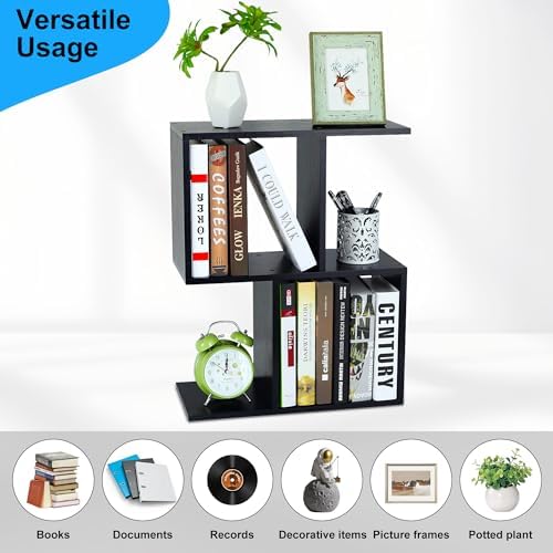 TQVAI 2-Tier Desktop Bookshelf, Freestanding Multipurpose Wood Desk Top Organizer for Books, Office Supplies, Plants, Photo Frames, Small Open Storage Shelves for Office Home Dorm, Black