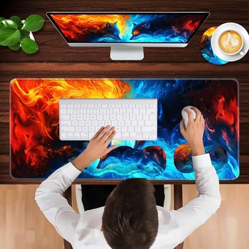 Keyboard Wrist Rest and Mouse Pad with Wrist Support Set Ergonomic Coaster,Memory Foam,Easy Typing Pain Relief,Large XL Desk Mat 31.5"x 11.8",Ice Wolf and Fire Wolf