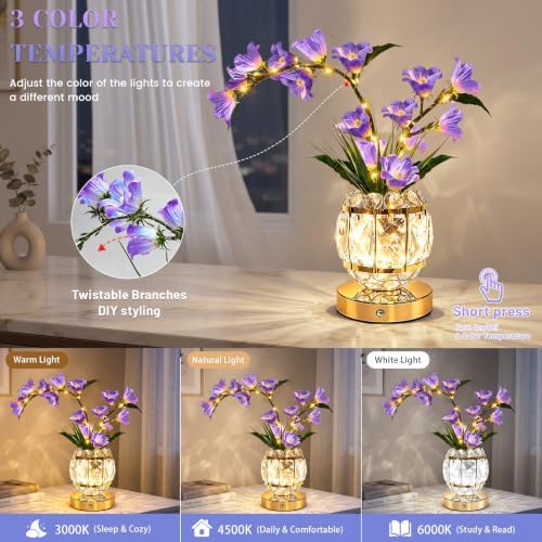 Lily Flower Lamps, Rechargeable Cordless Small Desk Lamp, 3 Colors Dimmable Artificial Flowers Night Light, Fake Bouquet 3 Lilies with Crystal Vase for Home Date Party Decoration (Purple - May Bells)